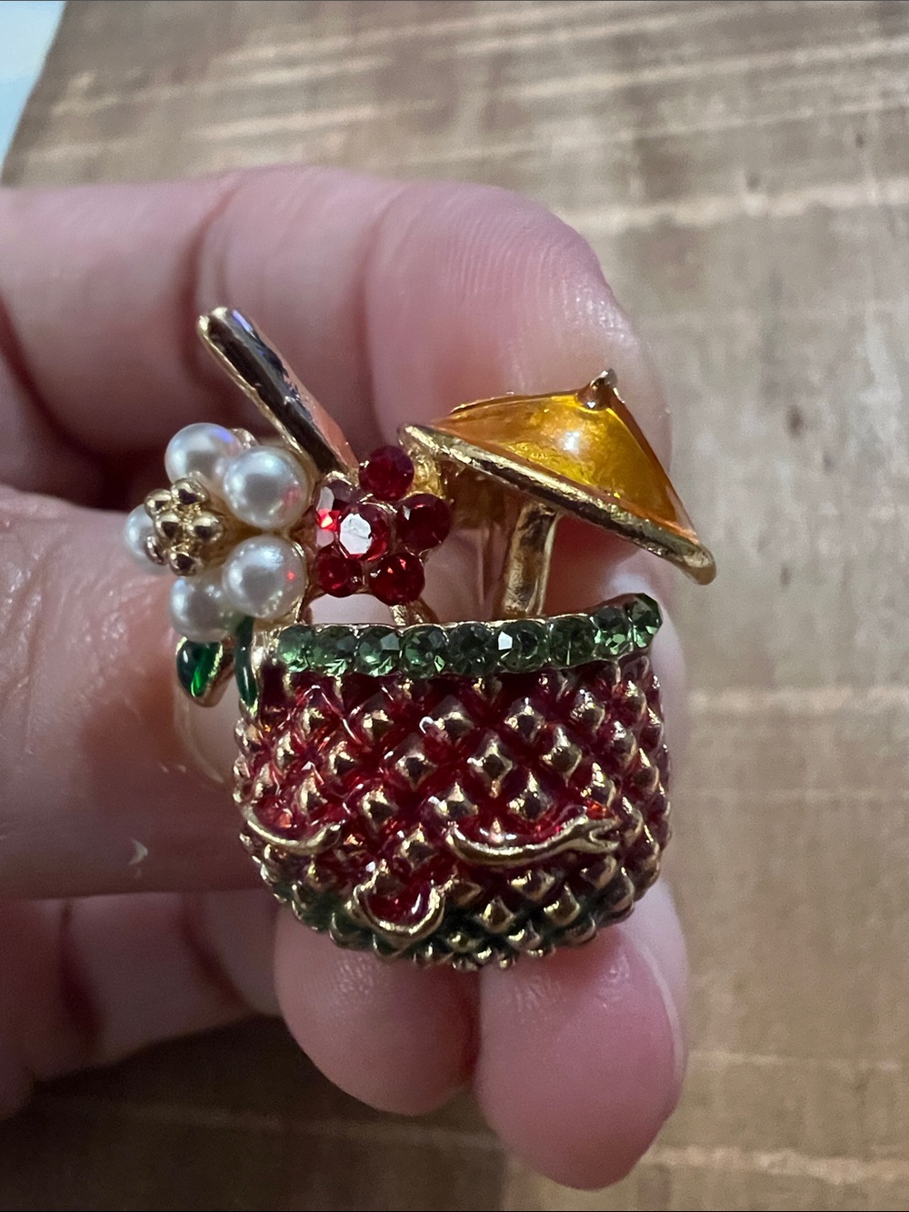 3/$18 Gold-Tone Red Basket Enamel Brooch with Pearl Flower Lot 6047